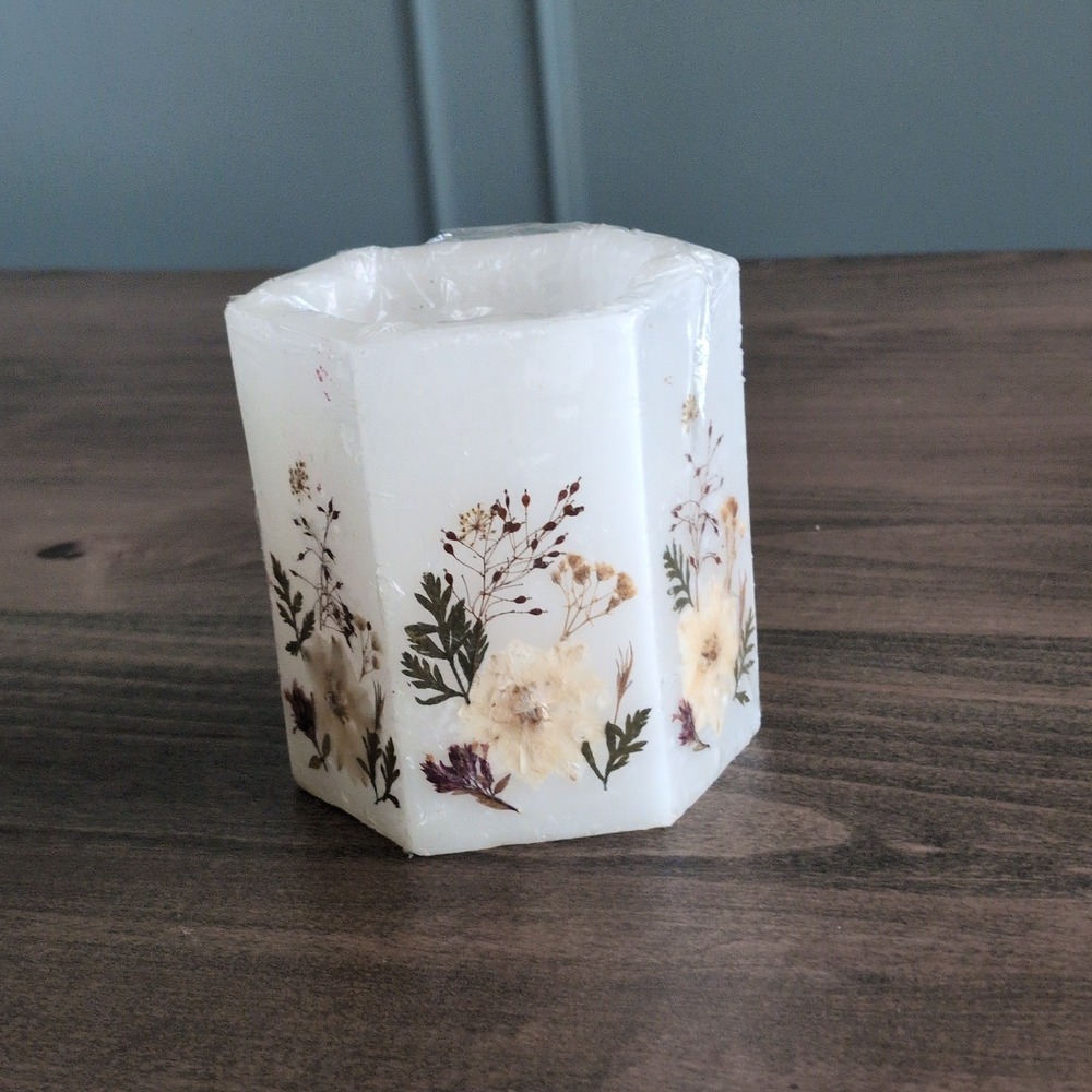 New Pressed Flower Wax Candle Luminary Votive Holder Hexagon Botanic Cottagecore
